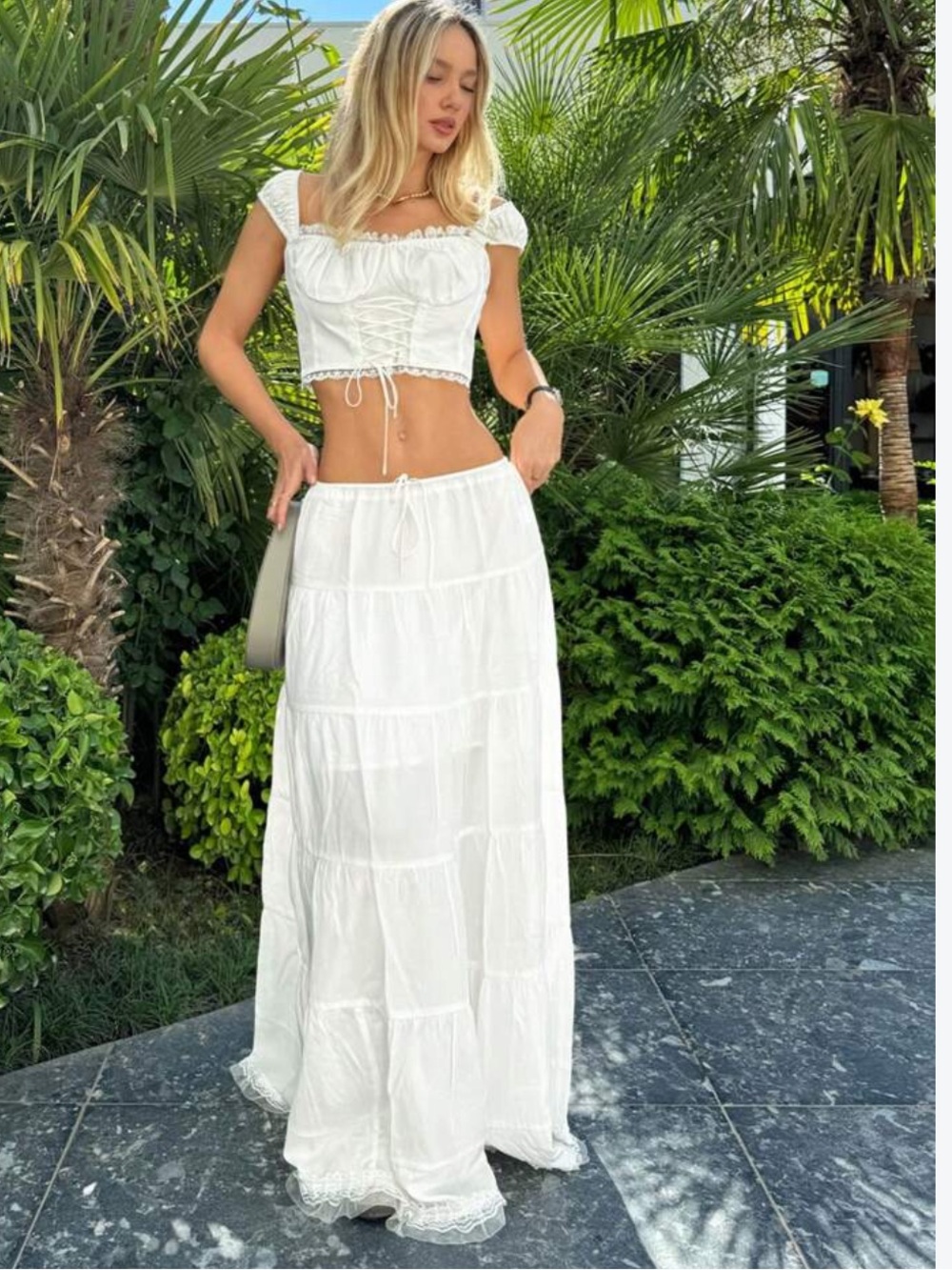 Karen Kane White Tiered Maxi Skirt with Boho Flair